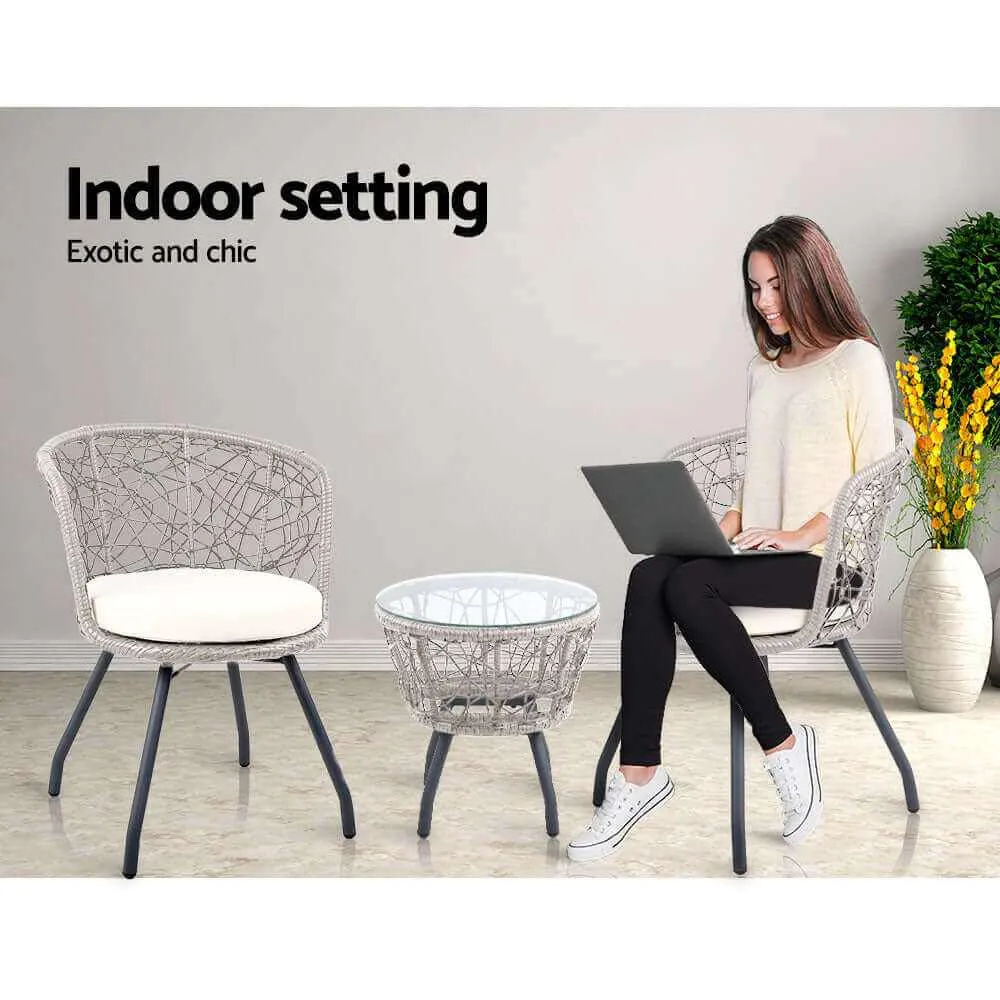 Gardeon 3PC Garden Bistro Set Rattan Table and Chairs - Grey