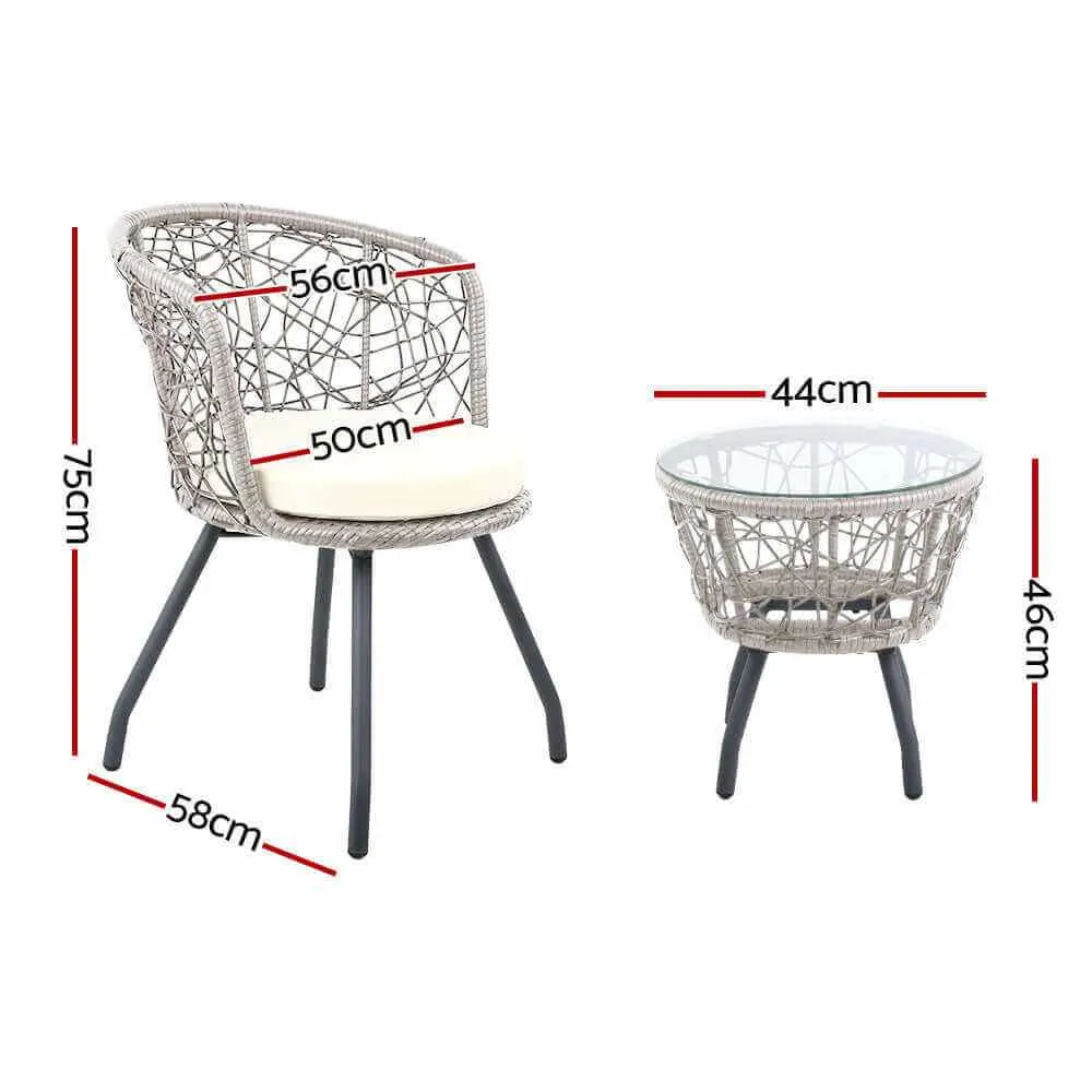 Gardeon 3PC Garden Bistro Set Rattan Table and Chairs - Grey