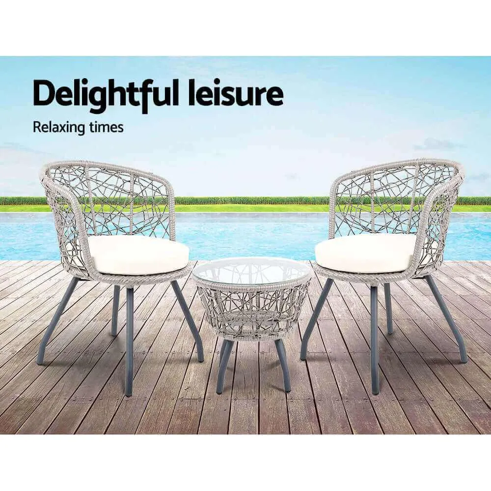Gardeon 3PC Garden Bistro Set Rattan Table and Chairs - Grey