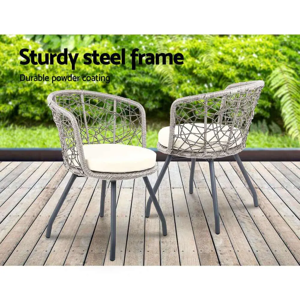 Gardeon 3PC Garden Bistro Set Rattan Table and Chairs - Grey
