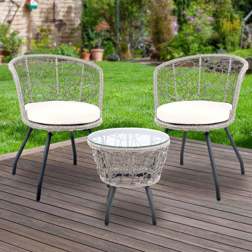 Gardeon 3PC Garden Bistro Set Rattan Table and Chairs - Grey