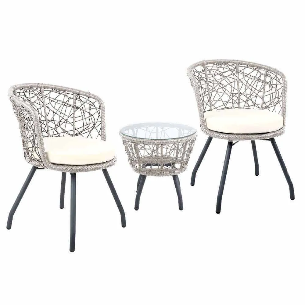 Gardeon 3PC Garden Bistro Set Rattan Table and Chairs - Grey