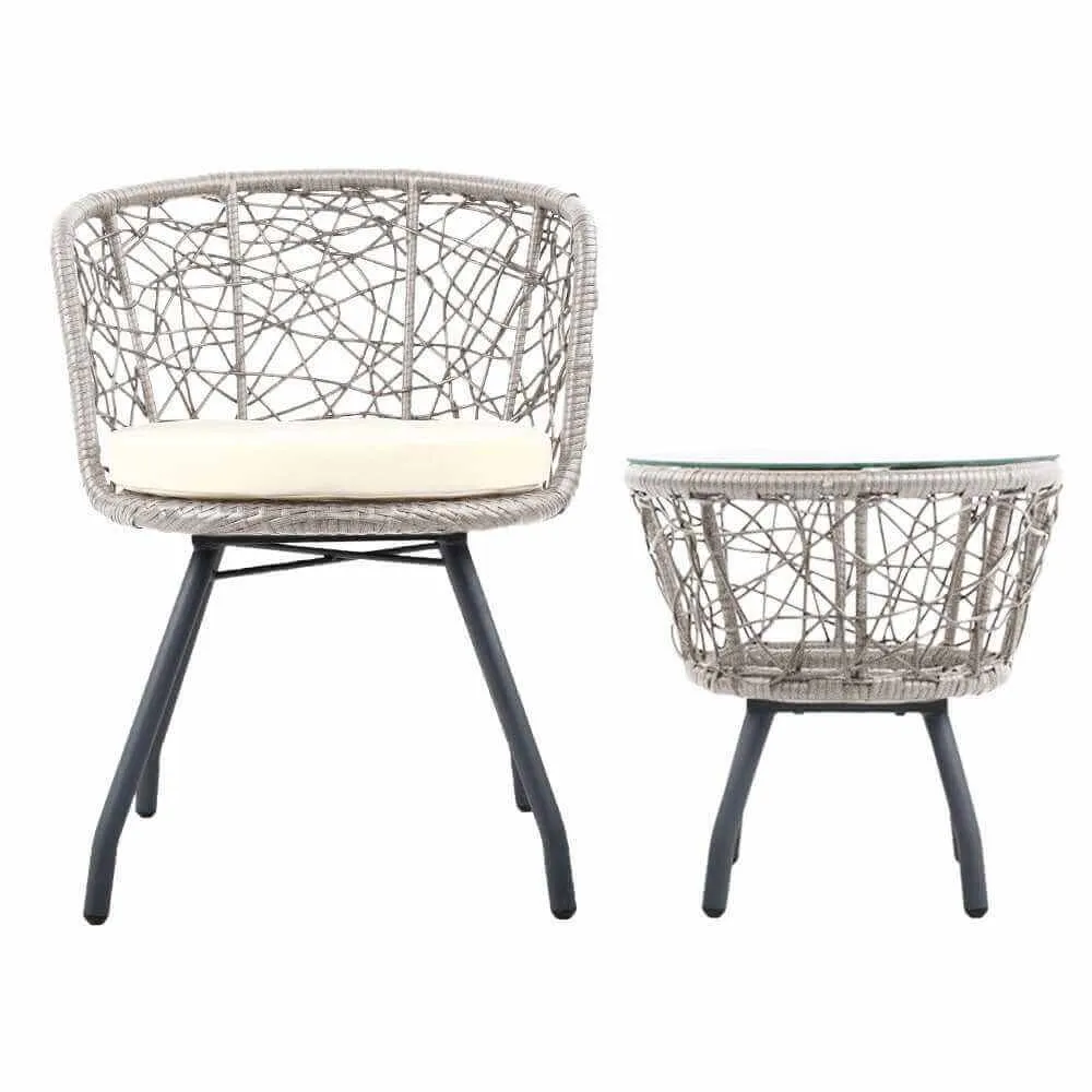 Gardeon 3PC Garden Bistro Set Rattan Table and Chairs - Grey